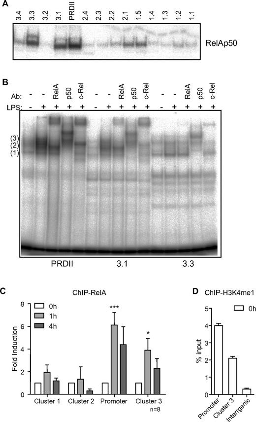 Figure 3. Multiple κB sites in the human IFN-β locus recruit NF-κB RelA. (A) Binding of recombinant purified RelA/p50 to radioactively labeled probes corresponding to the respective κB sites. (B) EMSA supershift analysis of protein-DNA binding in nuclear extracts from resting or LPS-stimulated MDDCs using antibodies against RelA, p50, and c-Rel. The identified complexes are likely to be (1) p50 homodimer, (2) RelA/p50 heterodimer, and (3) RelA/c-Rel heterodimer and RelA/RelA homodimer. (C) RelA recruitment to IFN-β ehanceosome (promoter) and clusters 1, 2, and 3 in MDDCs from multiple blood donors. Data shown are the mean ± SEM of 8 independent experiments normalized against levels of RelA recruitment at 0 hours. *P < .05, ***P < .001 (Student t test). (D) H3K4me1 modification presence at IFN-β ehanceosome (promoter), cluster 3 and a transcriptionally inactive intergenic region in MDDCs. Data are normalized to total histone 3 levels and presented as mean values ± SD from a representative of 4 independent donors.