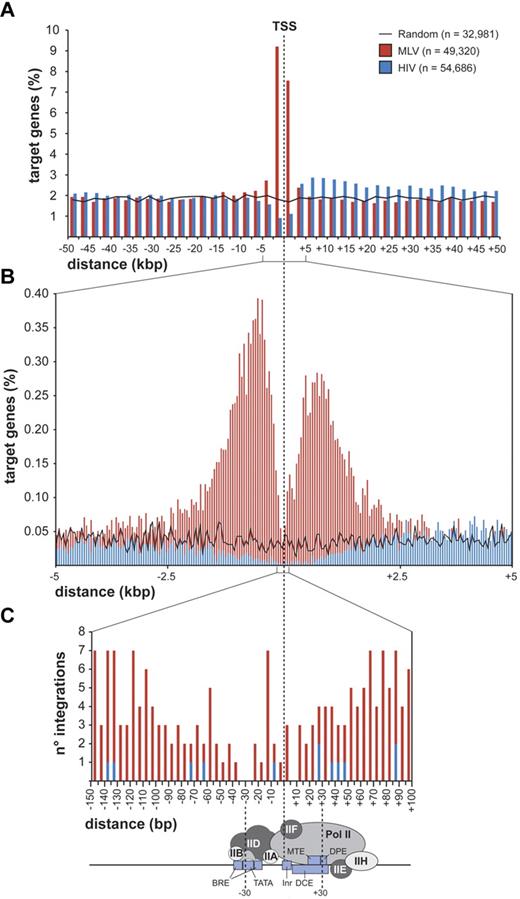 Figure 2. Distribution of retroviral integrations around transcription start sites. Distribution of the distance of MLV and HIV integration sites from the transcription start site (TSS) of targeted genes at 2500-bp (A), 50-bp (B), or 5-bp (C) resolution. The percentage of the total number of targeted genes (n) is plotted on the y-axis (A-B). The actual number of integrations is plotted on the y-axis (C). The black line (A) indicates the distribution of control random sites. A scheme of a classical core promoter engaged by the basal transcriptional machinery is shown in panel C (see Thomas and Chiang20 for details and abbreviations), to visualize the apparent correlation between absence of MLV integration and promoter occupancy by the TFIID complex.