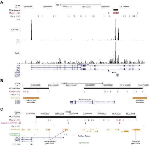 Figure 6. Single-locus analysis of retroviral integration sites in the genome of CD34+ HPCs. (A) The NF1/EVI2A/B locus. Distribution of MLV (red) and HIV (blue) integrations, and of the MLV integration cluster (black box) along the locus as displayed by the UCSC Genome Browser. The base position feature on the top (scale bar and chromosome number) identifies the genomic coordinates of the displayed region. H3K4me3 and Pol II tracks are those determined by ChIP sequencing in the genome of human CD34+/CD133+ HPCs.24 The RefSeq Genes track shows known human protein-coding and noncoding transcripts taken from the National Center for Biotechnology Information RNA reference sequences collection. (n) indicates the total number of integration sites retrieved in the displayed region. (B) The CD34 locus. MLV and HIV integration sites and clusters are displayed on the locus as described in panel A. The upstream and downstream enhancers (orange boxes) were previously described as critical for CD34 gene expression in vivo.25 (C) The LMO2 locus. MLV and HIV integration sites and clusters are displayed on the locus as described in panel A. The array of upstream enhancers (orange boxes) we reported to cooperate with the distal promoter in regulating LMO2 expression.26 Translocation breakpoints associated to T-cell leukemia are indicated with green bars and were retrieved from the TICdb database of translocation breakpoints in cancer.27 Integrations sites detected in peripheral blood cells of patients with adenosine deaminase–deficient SCID28 are indicated in purple. A CpG island (CpG 119; green box) marking the nonhematopoietic proximal promoter is also shown.