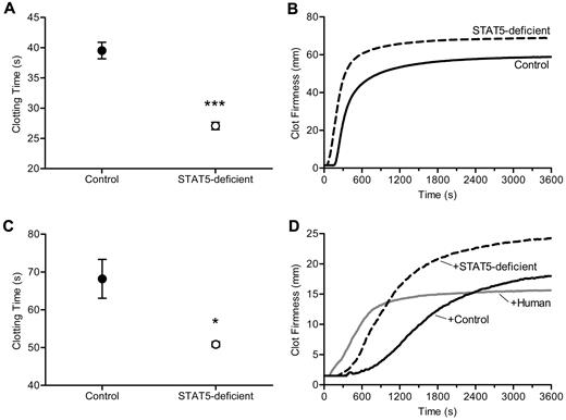 Figure 4. Thrombin-triggered clotting. (A) Thrombin was added to platelet-poor plasma. Clotting times were 31.4% shorter in STAT5-deficient mice (○) compared with control (●; n = 8,6; *P < .0001; Student t test). (B) Thrombin-triggered fibrin clot formation and firmness were measured over time in whole blood isolated from STAT5-deficient (- - -) and control mice (—) using a thromboelastometer. This experiment was performed 3 times, and a representative curve is shown. The clotting times were shorter (P = .0002; n = 3; Student t test) and maximal clot firmness was greater (P = .0316; n = 3; Student t test) in STAT5-deficient plasma compared with control. (C) STAT5-deficient (○) and control (●) defibrinated plasma were supplemented with human fibrinogen to achieve a final concentration of 3.0 mg/mL. Thrombin-triggered clot times were 25.4% shorter in STAT5-deficient versus control samples (n = 3; *P = .0289; Student t test). (D) Thrombin-triggered fibrin clot formation and firmness were measured as in panel B using defibrinated pooled (n = 3) STAT5-deficient (- - -), defibrinated pooled control (n = 3; —), and defibrinated normal human plasma (gray —) mixed 1:1 with normal human plasma. This experiment was performed 2 times, and a representative curve is shown. The addition of STAT5-deficient plasma prolonged thrombin-triggered clot times by 185% compared with human, while control plasma prolonged clot times by 370% compared with human. Maximum clot firmness was increased by 20% with addition of control plasma and 60% with STAT5-deficient plasma.