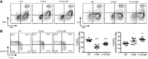 Figure 5. Poor polyfunctionality in KI mice is the result of defective responses to TCR restimulation. (A) Splenocytes from day 8 postinfection WT, Y145F, and Y112/128F mice were stimulated with PMA plus ionomycin. Representative contour plots show IFNγ and TNFα (left panel) and IFNγ and IL-2 (right panel) expression in CD8+ cells. Numbers indicate the percentage of CD8+, IFNγ, TNFα (left panel), or IFNγ, IL-2 (right panel) double producers over the percentage of total CD8+ IFNγ producers. (B) Dot plots show IL-7rα and KLRG-1 surface expression on H2Db:GP33-reactive CD8+ PBLs from WT, Y145F, and Y112/128F mice 15 days postinfection (left panel). Numbers indicate the percentage of CD8+ H2Db:GP33-reactive lymphocytes within each gate. Top left and bottom right gates from top panel were used to quantify the percentage of SLECs (middle panel) and MPECs (right panel), respectively. For graphs each point represents an individual mouse; bars represent average ± SEM. Data are representative of 3 independent experiments with 5-10 mice per group. Significant P values, when present, comparing KI to WT are indicated by asterisks: ***P < .001, **P = .001-.01, *P = .01-.05.