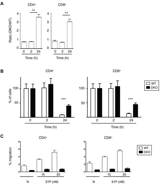 Figure 6. Lymphocyte egress from LNs. (A) A mixture of WT and DKO T cells were transferred into C57BL/6 mice, and 12 hours later Mel-14 was injected into the mice to stop further entry into LNs. Graph shows mean ± SEM ratio of DKO to WT CD4+ or CD8+ T cells in LNs as a function of time after Mel-14 injection. The ratio was normalized to the ratio of DKO to WT T cells in the cells injected into the mice. (B) Graph shows percentage (mean ± SEM) CD4+ or CD8+ T cells remaining as a function of time after Mel-14 injection, normalized to the number of cells at 0 hours, which was set to 100%. Data in panels A and B are from 2 independent experiments. (C) Graph shows mean ± SEM percentage migration of WT or DKO EYFP+ T cells (CD4+ or CD8+) in a Transwell assay in response to S1P at the indicated concentrations, or in the absence of chemokine (N). Data are from 1 representative experiment of 2 independent experiments. *P < .01; ***P < .001.