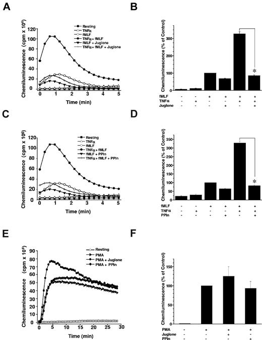 Figure 2. Pin1 is required for TNF-α–induced priming of ROS production. (A) Neutrophils were incubated in Hanks buffer containing juglone (250nM) for 30 minutes; then TNF-α (20 ng/mL) was added for 20 minutes before stimulation with fMLF (10−7M). ROS production was measured with a luminol-amplified chemiluminescence technique. (B) Total chemiluminescence in each experimental condition is expressed as mean plus or minus SEM of 6 experiments. (C) PPIn (50 μM) was tested in the same conditions as juglone. (D) Data are mean plus or minus SEM of 6 experiments. (E) Neutrophils were incubated with juglone or PPIn and then stimulated with PMA (100 ng/mL) before measuring ROS production with a luminol-amplified chemiluminescence technique (one experiment representative of 3). (F) Total chemiluminescence in each experimental condition is expressed as mean plus or minus SEM of 3 experiments. *P < .01 compared with inhibitor-free conditions.