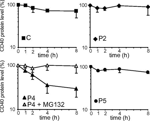 Figure 5. Degradation rates of CD40 mutants. The graphs represent the decay of control (C) and CD40 mutants in a time-course treatment of BLCLs with CHX. The protein expression values were determined by densitometric analysis of anti-CD40 immunoblots and were expressed as percentages of the CD40 expression in untreated cells (0 hour). In the graph representing P4, the empty symbols show CD40 decay in the presence of both CHX and MG132. Each cell line was analyzed in at least 2 independent experiments, and data are given as means ± SD.