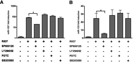 Figure 2. miR-155* and miR-155 are induced by TLR7 in PDCs via the JNK-signaling pathway. PDCs were cultured for 8 hours with medium or R837 in the presence or absence of LY294002, PDTC, SP600125, or SB203580. miR-155* (A) and miR-155 (B) were analyzed by TaqMan MicroRNA Expression Assay and normalized to RNU48 levels. The data are representative of at least 3 independent experiments, each based on a different PDC preparation. The data were analyzed with 2-tailed Student t test. *P < .05.