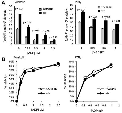 Figure 5. cAMP formation in Gi2α(+/G184S) platelets. (A) Effect of ADP on cAMP levels after stimulation with forskolin (left) or PGI2 (right). (B) Percent inhibition of cAMP levels with increasing dosages of ADP after stimulation with forskolin (left) and PGI2 (right). Mean ± SEM. The data shown represent averaged measurements from 4 (forskolin) or 3 (PGI2) experiments. One mouse of each genotype was used in each experiment.