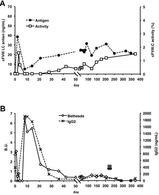 Figure 1. cFVIII expression and anti-cFVIII antibody responses in Chapel Hill hemophilia A dog K01 after liver delivery of AAV-cFVIII. One Chapel Hill dog (K01) with preexisting inhibitors to cFVIII was administered 2.5 × 1013 vg/kg of AAV8-TBG-cFVIII-HC and AAV8-TBG-cFVIII-LC by peripheral venous injection. (A) cFVIII antigen levels were assayed by a cFVIII-LC specific ELISA, and activity was monitored by FVIII assay. (B) Anti-cFVIII antibody responses were measured by anti-cFVIII IgG2 ELISA and Bethesda assays. Black arrows indicate 4 weekly challenges with 500 U of rBDD-cFVIII.