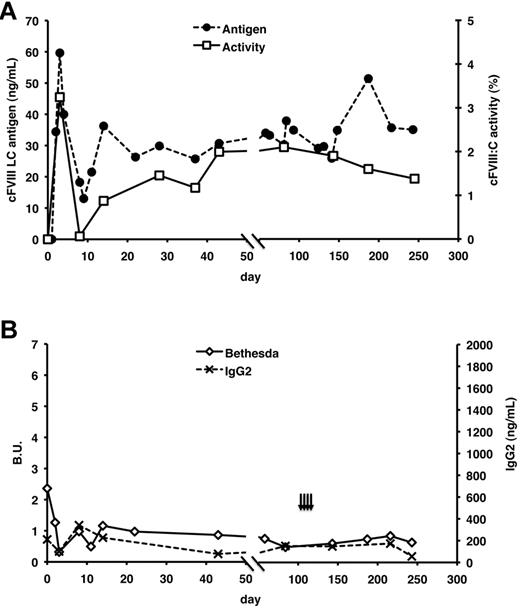 Figure 2. cFVIII expression and anti-cFVIII antibody responses in Chapel Hill hemophilia A dog L44 after liver delivery of AAV-cFVIII. One Chapel Hill dog (L44) with preexisting inhibitors to cFVIII was administered 2.5 × 1013 vg/kg of AAV8-TBG-cFVIII-HC and AAV8- TBG-cFVIII-LC by peripheral venous injection. (A) cFVIII antigen levels were assayed by a cFVIII-LC specific ELISA, and activity was monitored by FVIII assay. (B) Anti-cFVIII antibody responses were measured by anti-cFVIII IgG2 ELISA and Bethesda assays. Black arrows indicate 4 weekly challenges with 500 U of rBDD-cFVIII.