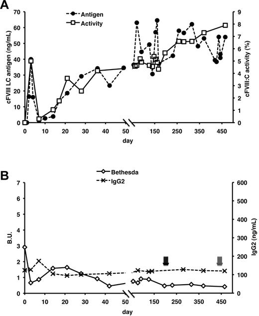 Figure 3. cFVIII expression and anti-cFVIII antibody responses in Chapel Hill hemophilia A dog K03 after liver delivery of AAV-cFVIII. One Chapel Hill dog (K03) with preexisting inhibitors to cFVIII was administered 2.5 × 1013 vg/kg of AAV8-TBG-cFVIII-HC and AAV8-TBG-cFVIII-LC by peripheral venous injection. (A) cFVIII antigen levels were assayed by a cFVIII-LC specific ELISA, and activity was monitored by FVIII assay. (B) Anti-cFVIII antibody responses were measured by anti-cFVIII IgG2 ELISA and Bethesda assays. Black arrows indicate 4 weekly challenges with 500 U of rBDD-cFVIII, and gray arrows indicate 4 weekly injections of 25 mL of pooled normal canine plasma per dose.