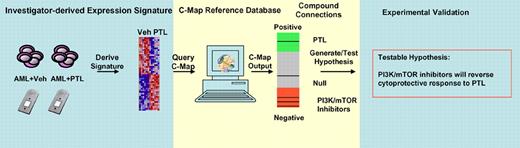 Leveraging the C-Map for discovery of compound synergism. An investigator-derived gene-expression signature is generated. In this case, a gene signature distinguishing vehicle-treated (Veh) versus parthenolide-treated (PTL) cells is derived using genome-wide expression profiling. This signature contains both the on-target alterations in expression with PTL as well as the alterations of expression induced with the cytoprotective response. This signature is then imported into the C-Map, a large reference collection of small molecules profiled in human cancer cell lines by expression microarrays. A pattern-matching algorithm scores each reference profile for the direction and the strength of enrichment with the investigator-derived query. In the work by Hassane et al,1 as expected, the C-Map instance of AML-treated PTL scores as the top positive connection, while multiple instances of PI3K/mTOR inhibitors score as negative connections. The authors hypothesized that these negatively connected molecules might reverse the cytoprotective component of the PTL signature.