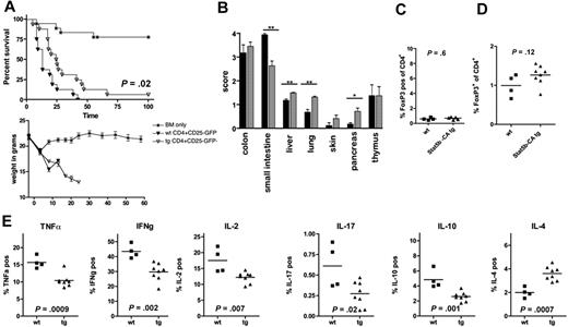 Figure 6. Stat5b-CA TG expression impairs intrinsic Teff function but does not induce a Treg phenotype. (A) Survival and weights of lethally irradiated B10.BR recipients injected with 107 BM (*) and 1 × 106 sorted CD4+CD25−GFP− T cells from FoxP3-GFP-KI (WT; ▼) or FoxP3-GFP-KI × Stat5b-CA TG mice (TG; ▽) mice. P = .02, ▼ vs ▽. Pooled data are from 2 experiments; n = 16 mice/group total. (B) Histologic grade of GVHD in organs indicated on day 10 after transplantation in FoxP3-GFP-KI (WT; black) and FoxP3-GFP-KI × Stat5b-CA TG (Stat5b-CA TG; gray) recipients. **P < .01. *P < .05. Data are from 1 experiment with 4 and 7 or 8 mice/group. Splenocytes (C) and lamina propria cells (D) of recipients described in panel A were isolated on day 10, and the percentage FoxP3+(GFP+) cells was determined (panel C, 1 experiment with 4 and 5; and panel D, 4 and 8 mice per group, respectively). P values are as indicated. (E) The percentage TNF-α, IL-2, IFN-γ, IL-10, IL-17, or IL-4 expressing lamina propria CD4+ T cells isolated from the small intestine on day 10 after transplantation. P values are as indicated. Data are from 1 experiment with 4 and 7 or 8 mice/group.