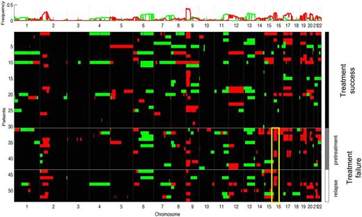 Figure 2. Sample clustering according to treatment outcome reveals overrepresentation of 16p gains in the treatment failure group (yellow box). Red indicates chromosomal gains; green, chromosomal losses. Black boxes next to cluster labels indicate treatment failure cases. (Top) cumulative frequency of imbalances.