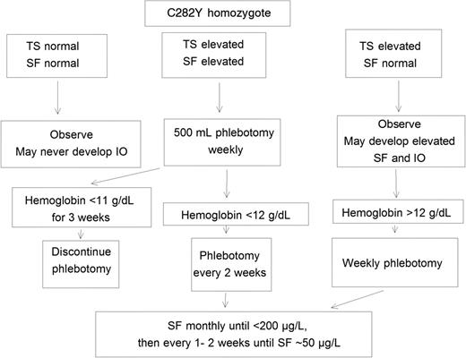 Figure 1. A clinical guide to phlebotomy management of HFE C282Y homozygotes. IO indicates iron overload; SF, serum ferritin; and TS, transferrin saturation.