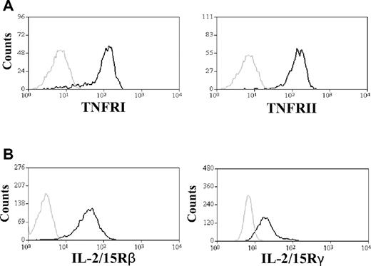 Figure 5. NK cells express necessary receptors for interaction with TNF and IL-15. (A) Expression of TNFR1 and TNFR2 on the plasma membrane of NK cells was analyzed by FACS. The gray line represents NK-cell staining with isotype control antibody; and the black line, anti-TNFR1 and anti-TNFR2 antibody staining. Data are representative of 5 experiments. (B) Expression of IL-15Rβ and IL-15Rγ on cell surface of NK cells was tested by FACS analysis. The gray line represents NK-cell staining with isotype control antibody; and the black line, staining with anti–IL-2/IL-15Rβ and anti–IL-2/IL-15Rγ antibodies. Data are representative of 3 experiments performed.