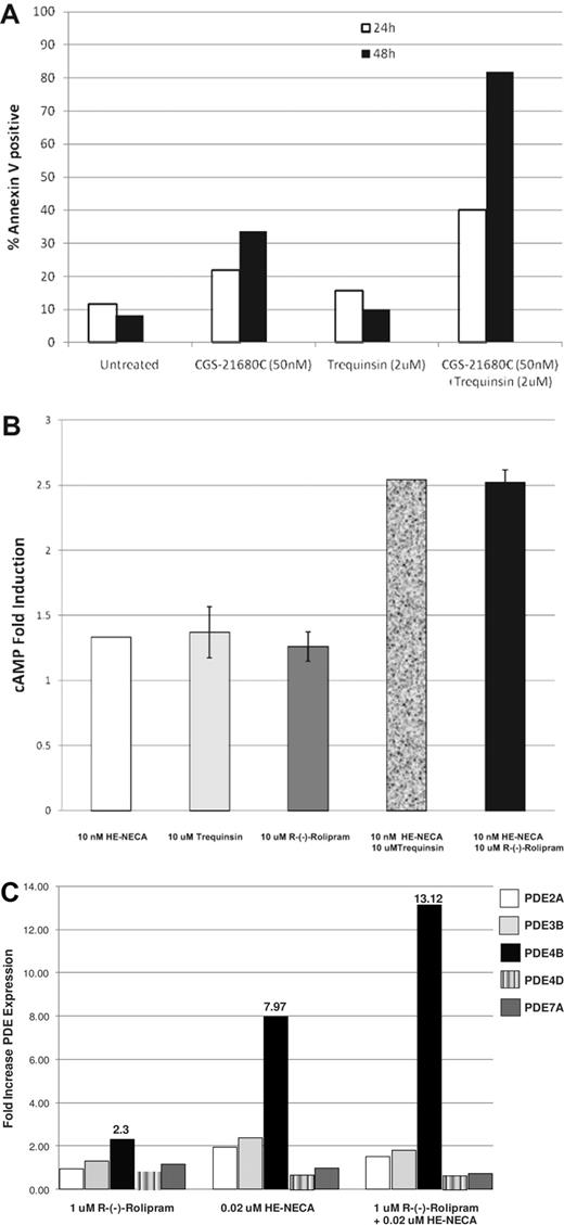 Figure 5. A2A agonists/PDE inhibitor combinations induce apoptosis, increase cellular cAMP, and elevate PDE subtype expression. (A) The combination of A2A agonist CGS-21680 and PDE inhibitor trequinsin triggers the rapid induction of apoptosis of multiple myeloma cells. MM.1S cells were incubated with 50nM CGS-21680, 2μM trequinsin, or the combination of both agents. At 24 and 48 hours, cells were harvested and analyzed by FACS for annexin V–positive cells. (B) MM.1S cells were incubated with 10nM HE-NECA, 10μM trequinsin, 10 μM R-(-)-rolipram, or the combination of 10nM HE-NECA and 10μM trequinsin or 10nM HE-NECA and 10μM R-(-)-rolipram for 1 hour at 37°C followed by preparation of cell lysates and measurement of cAMP levels. (C) MM.1R cells were incubated with 1μM R-(-)-rolipram, 20nM HE-NECA or the combination of 1μM R-(-)-rolipram and 20nM HE-NECA for 4 hours at 37°C and then the cells were lysed to isolate total RNA. The RNA was used for RT-PCR quantitation of PDE RNA levels using subtype specific primers as described in “siRNA transfections.”