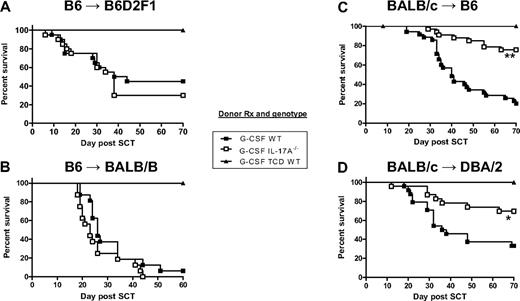 Figure 3. IL-17A enhances GVHD mortality in models using BALB/c donors. Survival by Kaplan-Meier analysis of lethally irradiated (A) B6D2F1 or (B) BALB.B mice (n = 16-20 /group) transplanted with grafts from G-CSF–mobilized B6.WT or B6.IL-17A−/− donors. G-CSF–treated TCD B6.WT grafts (n = 7 or 8) were used as non-GVHD controls. Data combined from 2 experiments for each model. Lethally irradiated (C) B6 (n = 33-35/group) or (D) DBA/2 (n = 23 or 24 /group) mice were transplanted with grafts from G-CSF–mobilized WT or IL-17A−/− BALB/c donors. G-CSF–treated TCD WT grafts (n = 12-15) were used as non-GVHD controls. **P < .001 WT vs IL-17A−/− in BALB/c → B6 model. *P < .012 WT vs IL-17A−/− in BALB/c → DBA/2 model. Data combined from 3 or 4 experiments for each model.
