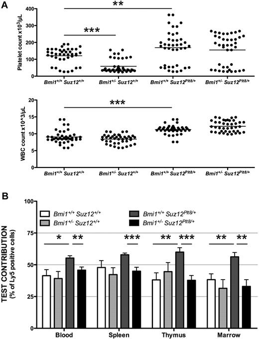 Figure 2. PRC1 and PRC2 do not synergize in HSC/progenitor function. (A) Peripheral blood platelet (top panel) and white blood cell counts (bottom panel) at 7 weeks of age from mice of the given genotypes, all additionally Mpl−/−. The horizontal bar marks the mean for n = 40 samples per genotype. (B) Bone marrow cells from 6 to 9 Mpl−/− CD45Ly5.2 donor mice of the given genotype were mixed 1:1 with wild-type Mpl−/− CD45Ly5.1 competitor cells and used to reconstitute 3 lethally irradiated recipients per donor. Contribution of test cells to each hematopoietic organ is shown 10 to 16 weeks after reconstitution. Blood indicates peripheral white blood cells. Statistical significance *P < .05, **P < .01, ***P < .001, corrected for multiple testing; error bars indicate SEM.