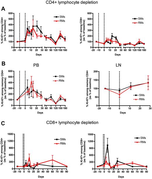 Figure 6. T-cell proliferation after Ab-mediated CD4+ and CD8+ lymphocyte depletion in nonhuman primates. PB- and LN-derived mononuclear cells were obtained from healthy SIV-uninfected SMs and RMs. (A) Levels of circulating CD4+ (left graphs) and CD8+ (right graphs) T cells of SMs (black line) and RMs (red line) that express the proliferation marker Ki-67 after Ab-mediated CD4+ lymphocyte depletion. (B) Levels of memory (ie, CD28+CD95+) CD4+ T cells that express Ki-67 in the PB (left graph) or LN (right graph) of SMs (black line) and RMs (red line) after Ab-mediated CD4+ lymphocyte depletion. (C) Levels of circulating CD4+ (left graphs) and CD8+ (right graphs) T cells of SMs (black line) and RMs (red line) that express Ki-67 after Ab-mediated CD8+ lymphocyte depletion. In all the graphs levels of Ki-67+ T cells are shown as percentage variation from baseline (mean ± SD), and the dotted lines indicate the timing of anti-CD4 (A-B) or anti-CD8 (C) monoclonal antibody administrations.