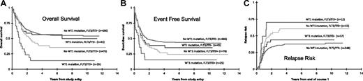 Figure 3. Outcomes stratified by combined WT1 and FLT3/ITD mutation status. When stratifying patients by combined FLT3/ITD and WT1 status, patients with both mutations had the worst (A) OS, (B) EFS, and (C) RR. Of the 2 mutations, FLT3/ITD imparts a stronger negative effective on survival outcome.