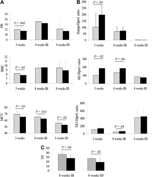 Figure 1. Hematologic parameters and hepatic iron-related genes expression in Tmprss6+/− mice. (A) Hb, RBC and MCV as determined using Sysmex KX-21 automated blood cell analyzer (Sysmex). (B) Hepcidin (Hamp), Id1, and transferrin receptor-1 (Tfr1) mRNA levels as quantified by real-time polymerase chain reaction (ABI 7900, Applied Biosystems) from livers dissected and snap-frozen immediately after sacrifice. Hypoxanthine phosphoribosyltransferase 1 (Hprt1) was used to normalize mRNA levels. (C) Serum transferrin saturation (only in 8-week-old animals) calculated as a ratio of serum iron and total iron binding capacity (Randox Laboratories Ltd). Seven to 9 mice for genotype were analyzed. All the animals were maintained in the animal facility of San Raffaele Scientific Institute (Italy) in accordance with the European Union Guidelines. The study was approved by the Institutional Animal Care and Use Committee (IACUC) of our institution. IB indicates iron-balanced (carbonile iron 200 mg/kg, SAFE, Augy, France) diet; ID, iron-deficient diet (SAFE); RBC, red blood cell count (106 cells/μL); Hb, hemoglobin (g/dL); MCV, mean corpuscular volume (fL); and TS, transferrin saturation (%). Gray columns represent wild-type mice; and black columns, Tmprss6+/− mice. Error bars indicate SD. Exact P values are shown over the columns; unpaired, 1-tailed Student t tests were performed for statistical analysis.