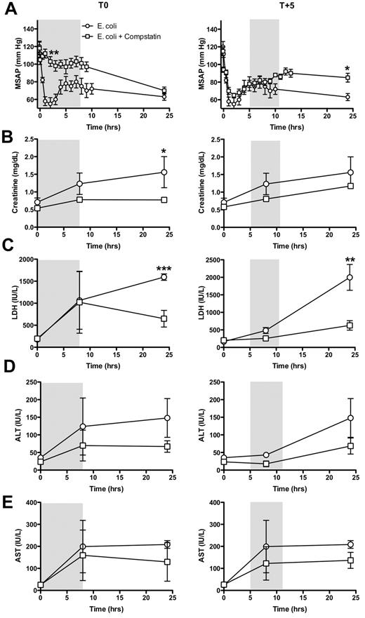 Figure 6. Time-course of organ function and biochemical markers in the blood of baboons treated with compstatin during the first (T0) and second (T + 5) stage of experimental sepsis. (A) Mean systemic arterial pressure (MSAP); (B) creatinine; (C) lactate dehydrogenase (LDH); (D) alanine aminotransferase (ALT); (E) aspartate transaminase (AST). Data are presented as mean ± SEM; 2-tailed Student t test. *P < .05; **P < .01; ***P < .001.