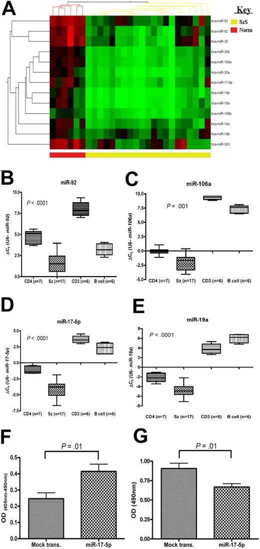 Figure 3. Members of the miR-17-92 (and homologous) clusters are down-regulated and increase apoptosis and decrease cell proliferation in SzS. (A) Heat map depicting levels of members of miR-17-92 and homologous clusters as measured by microarray and levels of (B) miR-92, (C) miR-106a, (D) miR-17-5p, and (E) miR-19a in SzS samples (n = 17), and controls (CD4+ T cells, CD3+ T cells, and B cells), CD4+ T cells (n = 7), CD3+ T cells (n = 6), and B-cell (n = 6) measured by qRT-PCR. P values relate to SzS versus CD4+ (Mann-Whitney independent t test). Data shown as box-whisker plots. Expression of miR-17-5p in a SeAx cell line resulted in an increase in levels of (F) apoptosis and decrease in levels of (G) cell proliferation compared with mock-transfected control. Values shown are mean values from 3 experiments.