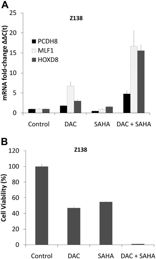 Figure 6. DAC synergizes with SAHA in gene induction and cytotoxicity in Z138 cells. (A) Real-time PCR for mRNA expression of PCDH8, HOXD8, and MLF1 in Z138 cells before and after treatment with DAC 0.5μM daily for 3 days, SAHA 1μM (single dose on day 0), and their combination. Data are representative of 3 separate experiments. Error bars indicate SD. (B) Z138 cells were treated with DAC 0.5μM daily for 3 days and SAHA 1μM (single dose on day 0) alone, and in combination. Cell viability (y-axis) as measured by reduction of resazurin 48 hours after drug treatment (performed in 8 replicates).