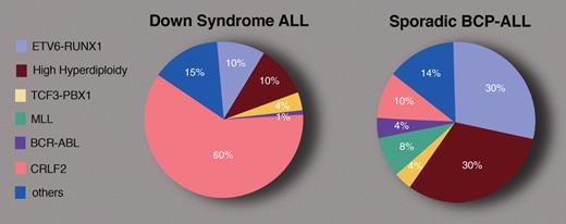 Approximate frequencies of some of the leukemia-defining cytogenetic lesions in BCP-ALL in children with and without DS. Professional illustration by Marie Dauenheimer.