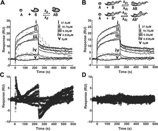 Figure 2. Kinetic model comparison. Experimental sensorgram of GPRPFPAC fitted with (A) Langmuir 1:1 model or (B) heterogeneous ligand model. Corresponding residuals plots for (C) Langmuir model or (D) heterogeneous ligand model. Solid lines indicate experimental SPR response curves; dashed lines, fitted model curves.