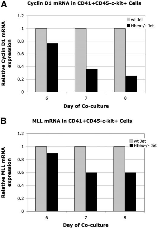 Figure 6. Relative expression of cyclin D1 and Mll mRNA. The level of Mll and cyclin D1 mRNA expression was determined by real-time PCR after normalization for GAPDH. Graphs display representative experiment. (A) Relative levels of cyclin D1 mRNA in wt and Hhex−/− CD41+CD45−c-kit+ cells. Cyclin D1 is down-regulated 1.3-, 2.7-, and 3.9-fold in CD41+CD45−c-kit+ cells at day 6 through 8, respectively. (A) Relative levels of Mll mRNA in wt and Hhex−/− CD41+CD45−c-kit+ cells. Mll was down-regulated 1.1 at day 6, and 1.6 at days 7 and 8 of coculture.