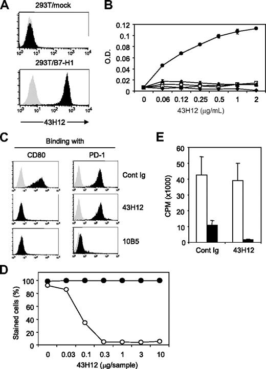 Figure 1. Selective blockade of B7-H1/CD80 interaction by anti–B7-H1 mAbý clone 43H12. (A) 293T cells transfected with mock or mouse B7-H1–encoding plasmids were stained with 1 μg/mL anti–B7-H1 monoclonal antibody (mAb) clone 43H12 (black histogram) or control rat immunoglobulin (IgG; gray histogram) followed by fluorescein isothiocyanate (FITC)–conjugated anti–rat IgG. Binding of 43H12 to B7-H1 was analyzed by flow cytometry. (B) ELISA plate was coated with 2 μg/mL mouse B7-H1-Fc (●), mouse CD80-Fc (○), mouse B7-DC-Fc (□), mouse B7-H3-Fc (▴), or mouse B7-H4-Fc (♦) fusion proteins. Indicated doses of 43H12 were added into wells and its binding with the coated proteins were detected by horseradish peroxidase (HRP)–conjugated anti–rat IgG antobody (Ab). Average ± SD of optical density (O.D.) from triplicate wells are shown. (C) 293T cells transfected with plasmids encoding mock (gray histogram) or B7-H1 (black histogram) were incubated with 2 μg/mL biotin-conjugated CD80-Fc (left panels) or PD-1-Fc (right panels) fusion proteins in the presence of 2 μg/mL 43H12, 10B5, or control rat IgG. The staining of fusion proteins were detected by streptavidin-PE in flow cytometry. (D) 293T cells transfected with plasmids encoding B7-H1 were stained with CD80-Fc (○) or PD-1-Fc (●) fusion proteins in the presence of indicated doses of 43H12. Percentage of positively stained cells was assessed by flow cytometry. (E) T cells isolated from CD80-knockout (KO) mice were stimulated with anti-CD3 mAb together with immobilized B7-H1-Fc (■) or control human Fc (□) in the presence of soluble 43H12 or control rat IgG. Proliferation of the culture cells were assessed by 3H-thymidine incorporation. All experiments were repeated at least 3 times and representative data are shown.
