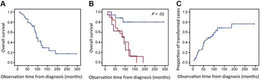 Figure 1. Overall survival and time to transformation. (A) Overall survival for all 44 patients. (B) Overall survival for patients with transformation by histologic (red; n = 19) and clinical (dark red; n = 8) criteria compared with survival for patients without transformation during the observation time (blue; n = 17; P = .02). (C) Time to transformation for all 44 patients. Patients without signs of transformation (including those who died without transformation) are censored.