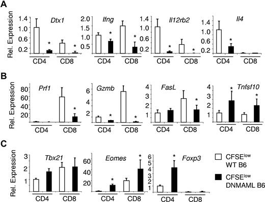 Figure 7. DNMAML-expressing alloreactive CD4+ and CD8+ T cells show impaired activation of many but not all effector differentiation pathways. Quantitative reverse-transcription PCR was performed with RNA purified from alloreactive CFSElow donor T cells at day 5 after transplantation of WT or Cd4-cre x ROSA26DNMAMLf/+ (DNMAML) B6 splenocytes into unirradiated B6xDBA F1 (BDF1) recipients (Figure 6). Results are shown for alloreactive CD4+ and CD8+ T cells isolated from the spleen, after normalization with Hprt1. A relative value of 1 was assigned to WT CD4+ T cells. Error bars indicate the 95% confidence interval. (A) Expression of Notch target genes and effector cytokines; (B) expression of cytolytic molecules; and (C) expression of the master transcription factors of Th1, CD8+ effector T cell, and Treg differentiation. *P < .05.
