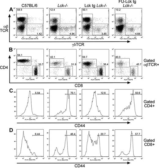 Figure 2. Reduced numbers of lymph node αβ T cells but not γδT cells in FU-Lcktg mice. (A) FACS dot plots showing proportions of αβ and γδ T cells in lymph nodes from 7-week-old WT, Lck−/−, Lcktg/Lck−/−, and FU-Lcktg/Lck−/− mice. Values within dot plots represent the percentage of lymphocyte-gated αβ and γδTCR-positive cells. (B) Distribution of CD4+ and CD8+ T cells in lymph nodes. Values represent proportions of αβTCR+ cells within CD4+ and CD8+ gates. Histograms showing CD44 expression on gated lymph node αβTCR+CD4+ T cells (C) or CD8+ T cells (D) from WT, Lck−/−, Lcktg/Lck−/−, and FU-Lcktg/Lck−/− mice. Values in histograms represent percentages of cells falling within the illustrated CD44 “high” gate. In all cases, data are representative of at least 11 mice of each genotype.