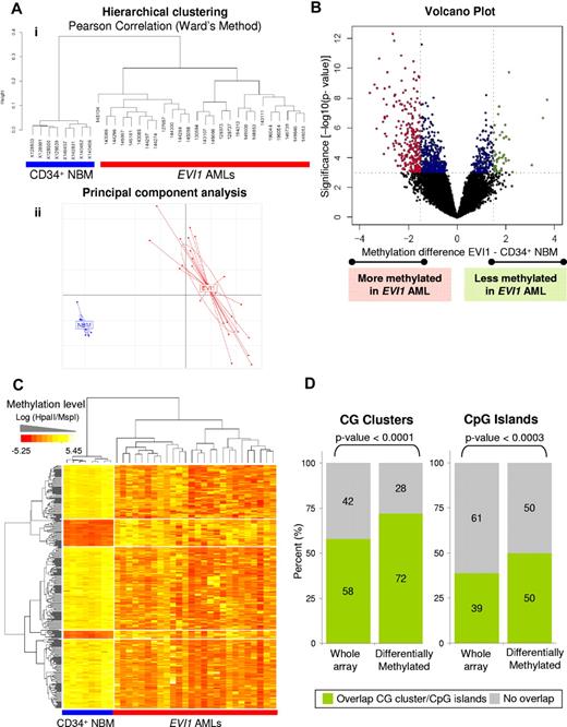 Figure 1. EVI1 acute myeloid leukemia patients (EVI1 AMLs) have a unique genome-wide methylation profile compared with CD34+ normal bone marrow samples (CD34+ NBM). (A) Dendrogram representing a hierarchical clustering (i) and a principal component analysis (ii) in 8 CD34+ NBM blasts and 26 EVI1 AMLs. (B) Volcano plot showing the methylation difference comparing the 26 EVI1 AMLs to 8 CD34+ NBM samples with corresponding moderated t test P values. Probe sets that were significantly hypermethylated (P < .001 and methylation difference less than −1.5) are shown in red; probe sets that were significantly hypomethylated (P < .001 and methylation difference larger than 1.5) are shown in green. Significant probe sets that did not have an absolute methylation difference larger than 1.5 are depicted in blue. (C) Heatmap showing the methylation levels (Log (HpaII/MspI)) of differentially methylated genes (rows) in EVI1 AMLs and CD34+ NBM cases (columns). (D) Bar plots showing the percentages of genes containing (green) CG clusters and CpG islands and those not overlapping (gray) in all genes on the HELP array and in the EVI1 AML differentially methylated genes. A χ2 test P value is shown per panel.