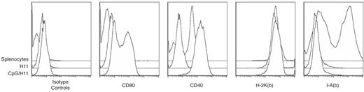 Figure 2. H11 tumor cells lack expression of MHC class II (I-Ab). H11 tumor cells were incubated with CpG and assayed after 24 hours for expression of the indicated molecules.