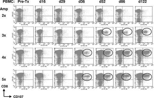 Figure 1. Detection of cellular immune reactivity toward retrovirally transduced T cells requires 2-5 amplification cycles of coculture of posttreatment PBMCs with autologous CAR T cells. (A) Patient 6 PBMCs obtained before (Pre-Tx), during (days 16, 29, 36) and after treatment (days 52, 86, 122) with CAR T cells were cocultured as described (see “Methods”) with irradiated autologous CAR T cells in an autologous mixed lymphocyte culture. At 2-5 cycles of weekly stimulation, PBMCs were assayed for up-regulated CD107 expression by flow cytometry upon 2-hour stimulation with PHK67 fluorescein isothiocyanate-labeled autologous CAR T cells. Autologous NTD cultured T cells were used as negative control stimulator cells. The plots show CD107 versus CD8 expression within the CD3 T-cell population of PBMC cultures obtained from patient 6 after 2-5 cycles of coculture. Ellipsoids indicate CD107 positivity.
