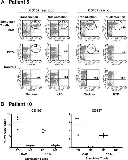 Figure 6. Two patients presented with cellular immune reactivity toward retrovirally transduced T cells independent of CAR transgene. (A) Patient 5 developed both anti-CAR and antivector immune reactivity. Patient 5 stimulator T cells were generated either by transduction or nucleofection with the transgenes CAIX-CAR or huCD24 (see “Methods”). Transduced T cells were enriched for transgene positivity by MACS-selection, whereas nucleofected T cells were used within 48 hours after nucleofection, without enrichment. Of note, the percentage CAR T cells was lower after nucleofection (23%) versus transduction (97%), whereas the percentages huCD24+ T cells were similar after nucleofection (78%) and transduction (74%). Responder cells were day 50 PBMCs cocultivated for 5 weekly cycles with CAR T cells. Propagated PBMCs were stimulated with transduced or nucleofected stimulator T cells, and at 2 hours and 24 hours assayed for CD107 and CD137 expression, respectively. The dot plots show CD107/CD137 versus CD8 expression within the CD3 T-cell population and values indicate the percentage positivity. Controls were stimulation by medium alone or NTD T cells. Of note, discrepancy with Figure 3C in the levels of immune recognition of CAIX CAR and huCD24 T cells might be attributed to biologic variation in the batches of responder cells used for both tests and assay sensitivity (cytotoxicity and flow cytometry). (B) Patient 10 developed antivector immune reactivity only. Patient 10 stimulator T cells were prepared and assayed as described for patient 5. Graphs show individual and mean results of 3 independent experiments obtained with PBMCs collected at day 86. The proportion of transgene expression on stimulator T cells was for CAR generated by transduction 94%-98% versus 36%-40% by nucleofection, and for huCD24 generated by transduction 88%-94% versus 56%-68% by nucleofection. TD, transduced stimulator T cells; NF, nucleofected stimulator T cells.