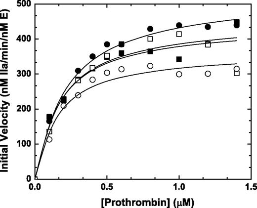 Figure 3. Activation of prothrombin on stimulated platelets. Thrombin-activated human platelets (1 × 108/mL; 20nM thrombin, 3 minutes followed by the addition of 30nM hirudin) were incubated with increasing concentrations of prothrombin (0.1-1.4μM) either in the presence (closed symbols) or absence (open symbols) of 10nM FVa at 25°C. The reaction was initiated with 0.1nM rFXa (squares, wt-FXa; circles, FXaI16L), and aliquots of the reaction mixture were quenched during the initial rate of the reaction (0, 0.5, 1, 1.5, and 2 minutes), and thrombin generation was measured using the chromogenic substrate S-2238. The solid lines were drawn following analysis of all data sets to a rectangular hyperbola with the following fitted parameters: wt-Xa +FVa: Km, 0.18 ± 0.03μM, kcat, 450 ± 21 minutes−1; wt-Xa: Km, 0.17 ± 0.06μM, kcat, 440 ± 36 minutes−1; FXaI16L +FVa: Km, 0.22 ± 0.02μM, kcat, 530 ± 15 minutes−1; FXaI16L: Km, 0.15 ± 0.03μM, kcat, 370 ± 18 minutes−1. The data are representative of 4 similar experiments.