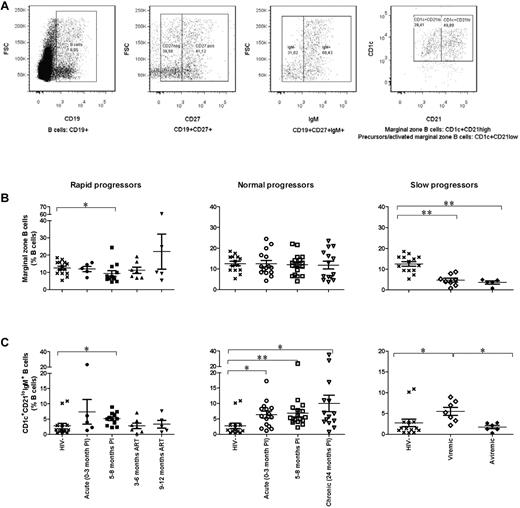 Figure 5. Relative frequency of marginal zone–type B cells. (A) Cells were gated on total live PBMC, then on CD19+CD27+IgM+ cells (first, second, and third panels, respectively). The 2 populations are defined as CD1c+CD21high for marginal zone B cells and CD1c+CD21low for precursor/activated MZ-like B cells (fourth panel). (B) Relative frequency of marginal zone B cells in rapid progressors (left panel), normal progressors (middle panel), and slow progressors (right panel). (C) Relative frequency of CD1c+CD21low B cells in rapid progressors (left panel), normal progressors (middle panel), and slow progressors (right panel). The same values are used for HIV-negative donors in the left, middle, and right graphs to show this group as a control. Cell population percentages were compared with the Wilcoxon signed rank and Mann-Whitney U tests for pairwise comparisons of different phases of infection within each group and between the study groups, respectively. *P < .05; **P < .001. PI, postinfection; ART, antiretroviral treatment.