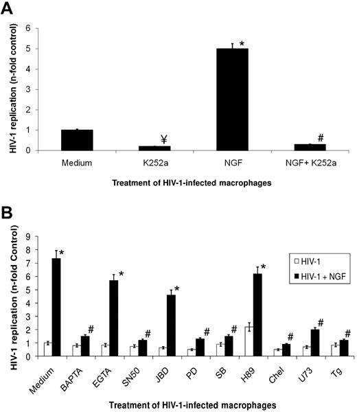 Figure 2. NGF-mediated signaling involved in the enhancement of HIV-1 production. Macrophages were infected with an R5-tropic HIV-1 isolate (Ba-L), and 13 to 14 days after infection cells were treated with K252a (A) or the indicated pharmacologic modulators (B) 15 minutes before NGF (10 ng/mL) addition. These cells were kept in culture for an additional 2 days, when virus replication was measured in the culture supernatant by an HIV-1 p24 ELISA. Data represent means ± SEM of 4 independent experiments. Virus production in the positive control (HIV-infected cells cultured only with medium): 232 ± 51 of ng/mL p24 Ag. ¥P < .05 for HIV-1–infected cells treated or not with the pharmacologic inhibitors; *P < .05 for HIV-1–infected cells treated or not with NGF; #P < .05 for HIV-1–infected and NGF-boosted cells treated or not with the pharmacologic inhibitors.