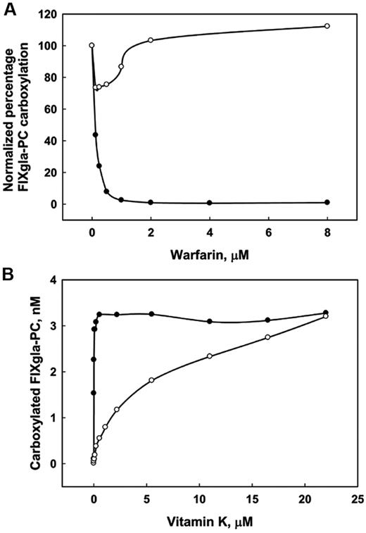 Figure 3. Effect of warfarin on FIXgla-PC carboxylation in HEK293 cells. (A) Cells grown in culture medium with either 11μM vitamin K (○) or 5μM KO (●) were incubated for 48 hours with increasing concentrations of warfarin. The concentration of carboxylated FIXgla-PC in the medium was measured by ELISA. The data are presented as percentages to make the first concentration points of vitamin K and KO coincide. (B) Cells were grown with (○) or without (●) 2μM warfarin in increasing concentrations of vitamin K for 48 hours. The concentration of carboxylated FIXgla-PC in the culture medium was measured by ELISA.