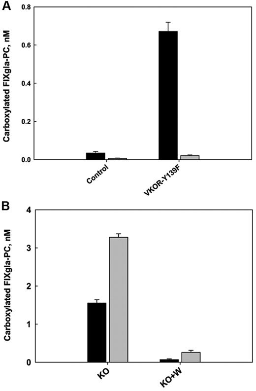 Figure 7. Effect of the warfarin-resistant VKOR mutant on FIXgla-PC carboxylation. (A) The warfarin-resistant VKOR-Y139F mutant was transiently expressed in HEK293 (■) and AV12 cells (). Thirty hours after transfection, cells were cultured in medium containing 5μM KO and 2μM warfarin for 48 hours. The concentration of carboxylated FIXgla-PC in the medium was measured by ELISA. The control was the cell line transfected with empty vector, representing endogenous VKOR. (B) AV12 cells (■) or AV12 cells that were stably expressing the warfarin-resistant VKOR-Y139F mutant () were cultured in medium containing 5μM KO (KO) or 5μM KO + 2μM warfarin (KO + W) for 48 hours. The concentration of carboxylated FIXgla-PC in the medium was measured by ELISA.
