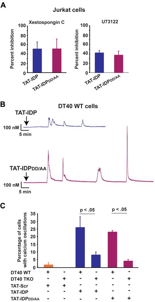 Figure 4. IP3R dependence of Ca2+ oscillations induced by TAT-IDP and TAT-IDPDD/AA. (A) Percent inhibition of peptide (10μM)–induced Ca2+ oscillations by the IP3R inhibitor xestospongin C (10μM) or the phospholipase C inhibitor U73122 (0.25μM) in Jurkat cells, based on the percentage of cells displaying Ca2+ oscillations during 90 minutes of single-cell recordings (mean ± SE, 3 experiments, average 85 cells analyzed per treatment condition per experiment). (B) Representative single-cell Ca2+ recordings illustrating Ca2+ responses to 5μM peptide addition (arrow) in wild-type DT40 cells. (C) Percentage of wild-type (WT) and TKO DT40 cells displaying Ca2+ oscillations in response to treatment with 5μM peptides (mean ± SE, 4 experiments, average 60 cells analyzed per recording).