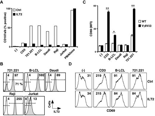 Figure 5. B cell-expressed ILT2 acts as a ligand for a costimulatory receptor for the antigenic activation of Vγ8Vδ3 T cells. (A) The 73R9 γδ T-cell clone (Vγ8Vδ3) was incubated for 4 hours together with different target cells (721.221, B-LCL, Do#AD; Daudi, Raji, and Jurkat) in the absence (open bars) or presence (filled bars) of α-ILT2 mAb (256, 10 μg/mL). CD107a/b mobilization was measured by flow cytometry, and the values for the percentage of CD107a/b+ γδ T cells are indicated. − indicates no stimulation; CD3, α-CD3 mAb (UCHT1, 5 μg/mL); and PMA/Iono, phorbol myristate acetate and ionomycin control. (B) Target cells described in panel A were stained with α-ILT2 mAb (256, shaded histograms) or control mAb (IgG1, open histograms) and analyzed by flow cytometry. Values for MFI of ILT2+ cells are indicated. The frequency of ILT2+ cells within the 721.221 B-cell line is indicated. (C) J.RT3-T3.5 Jurkat T cells expressing the 73R9 TCR (Vγ8Vδ3, filled bars) or not (WT, open bars) were incubated for 4 hours with different human B-cell lines (B-LCL, Do#AD; Daudi, Raji, and 721.221). Surface expression of CD69 on Jurkat T cells was measured by flow cytometry. − indicates no stimulation; and CD3, α-CD3 mAb (UCHT1, 5 μg/mL). Data are MFI of triplicate samples (mean ± SD) and are representative of at least 3 independent experiments. *P < .05. **P < .005. (D) Vγ8Vδ3 (73R9) Jurkat T cells were incubated for 4 hours together with human B cells (721.221 or B-LCL, Do#AD) in the absence (Ctrl) or presence of α-ILT2 mAb (256, 10 μg/mL, ILT2). − indicates no stimulation; and CD3, α-CD3 mAb (UCHT1, 5 μg/mL). Surface expression of CD69 on Jurkat T cells was measured by flow cytometry. Values for the MFI of CD69 stainings are indicated. Data are representative of at least 3 independent experiments.