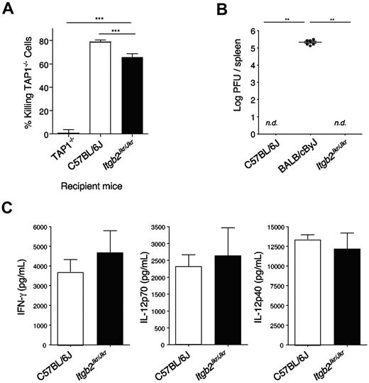 Figure 6. In vivo NK-cell function. (A) In vivo killing of MHC class I–deficient splenocytes. Splenocytes from WT or Tap1-deficient mice (Tap1−/−) were isolated, stained with 2 different concentrations of the fluorescent dye CFSE, and transferred intravenously into the recipient mice indicated (Tap1−/−, WT, or Itgb2Jkr/Jkr). Two days after transfer, the frequency on each CFSE+ population was assessed by flow cytometry. Data are represented as the percentage of killing of TAP-1−/− cells. (B-C) Itgb2Jkr/Jkr mice are not susceptible to MCMV infection. (B) Viral loads in spleens of C57BL/6J resistant mice, BALB/cByJ susceptible mice, and Itgb2Jkr/Jkr mutant mice were tested 5 days after infection with 105 PFU of MCMV inoculated intraperitoneally; nd, not detectable; n = 6 for each genotype. (C) Sera of C57BL/6J and Itgb2Jkr/Jkr mice infected with 105 PFU of MCMV were collected at 36 hours after infection, when systemic cytokines peak. IFN-γ, IL-12p70, and IL-12p40 were titrated by enzyme-linked immunosorbent assay performed on the serum; n = 6 for each genotype. These graphs are representative of 1 experiment of 2.