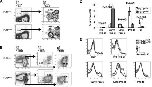Figure 1. FLT3/ITD blocks B-lineage differentiation at the early pro-B stage. Flow cytometry analysis of the fraction of CLPs (A) and early B-cell differentiation (B) in whole BM from 2-month-old FLT3/ITD mice and wild-type littermate controls. (A) Far left panels: Cells are whole BM cells. (B) Cells are CD93+ cells in whole BM. Numbers shown on plots are percentages in whole BM. (C) The graph summarizes the differences in the fraction of CLPs and B-cell progenitors. Data are mean ± SEM (error bars) (n = 5). (D) Flow cytometry analysis for annexin V staining of B-cell compartments demonstrates increased apoptosis in late pro-B cells from FLT3/ITD mice. Data are representative of 3 independent experiments.