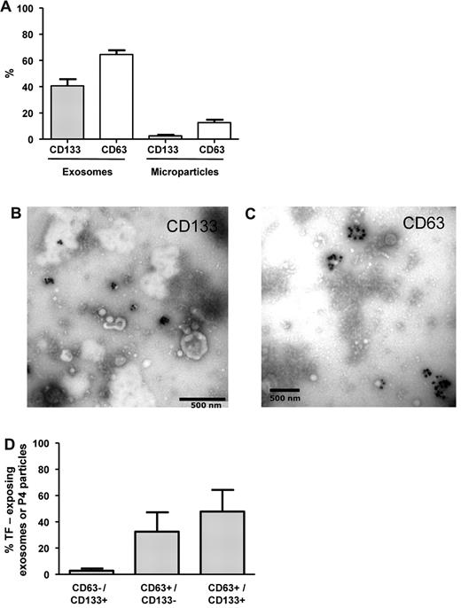 Figure 6. Association of TF in saliva with exosomes and P4 (membrane) particles. Fractions of microparticles and exosomes/P4 (membrane) particles were labeled with antibodies against CD133 and CD63, and analyzed by flow cytometry (A). Representative TEM images of exosomes/P4 (membrane) particles staining for CD133 (B) or CD63 (C) are also shown. Exosomes/P4 (membrane) particles were triple-labeled with anti-TF, anti-CD133, and anti-CD63, and analyzed by flow cytometry, summarized in panel D (n = 10).