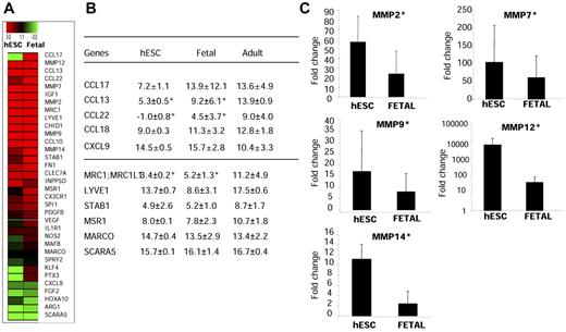 Figure 5. hESC- and fetal liver–derived monocytic cells share a distinguishing signature of tissue-remodeling activity. hESC- and fetal liver–derived CD14+CD16+ cells were sorted, and the expression of genes typical of M2 polarization were analyzed in comparison with adult blood sorted CD14+CD16+ cells using a customized gene array (Applied Biosystems; n = 4 for each population). (A) Heat-map representation of a common M2 gene signature shared by hESC- and fetal liver–derived monocyte/macrophages. (B) Relative mRNA expression (ΔCT) for receptor and chemokines tested. Expression of genes was normalized over the endogenous controls 18S and Gapdh; the higher the ΔCT, the lower the gene expression. (C) Expression of metalloproteases in hESCs and fetal cells is shown in terms of amplification versus expression in adult cells. Embryonic and fetal macrophages exhibited a several-fold up-regulation of several metalloproteases (MMP2, MMP7, MMP9, MMP12, and MMP14). *Increased expression of genes encoding metalloproteases and chemokines in hESC-derived cells compared with adult cells by pairwise comparisons using t test of genes (P = .01). A decreased expression of the Th1 chemokine CXCL9 was found in embryonic cells (P = .05).