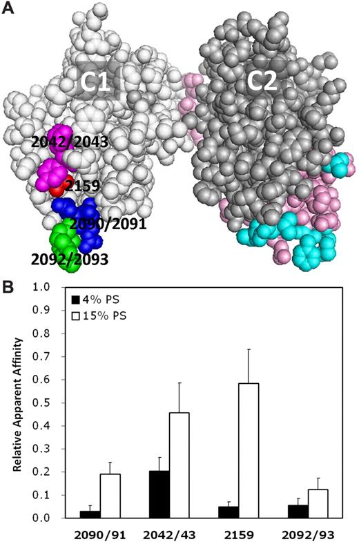 Figure 1. Factor VIII C1 domain mutations and the effects on apparent phospholipid binding affinity. (A) Space-filling display of the C1 and C2 domains of factor VIII (PDB ID: 3CDZ). Dark gray represents the C2 domain; and medium gray, the C1 domain. Mutated residues encompassing the lower surface of the C1 domain are highlighted in pink (Gln 2042/Tyr 2043), red (Arg 2159), blue (Arg 2090/Gln 2091), and green (Lys 2092/Phe 2093). The C2 domain epitopes of mAb ESH4 (magenta) and BO2C11 (cyan) are also shown. (B) Factor VIII mutants had diminished apparent affinity for phospholipid vesicles compared with wild-type factor VIII. Factor VIII wild-type or mutants (0.15 U/mL) were added to various concentrations of vesicles containing 4% or 15% PS, and factor Xase activity was measured as described in “Factor Xase assay.” Data are mean ± SEM for 3 experiments, each performed in duplicate.